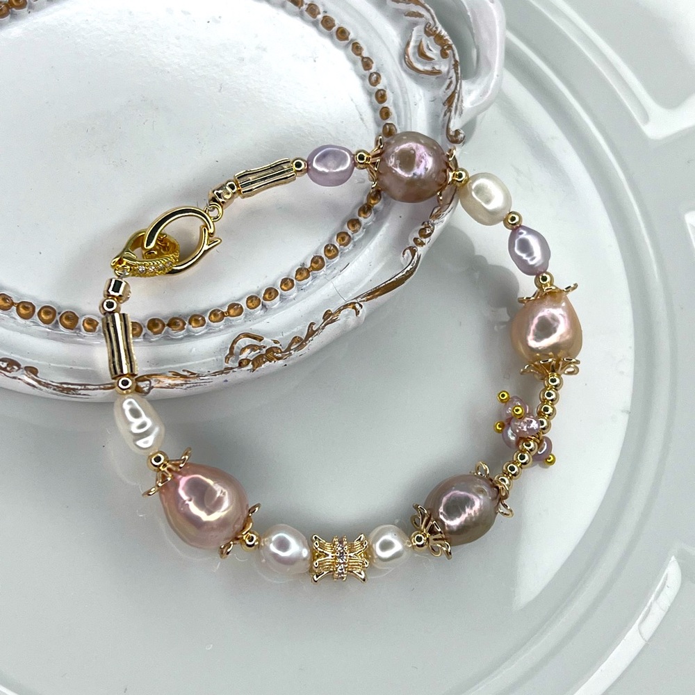 Handmade by Me Gold Plated Freshwater Edison Pearl Bracelet Pink Peach Purple - Picture 2 of 3